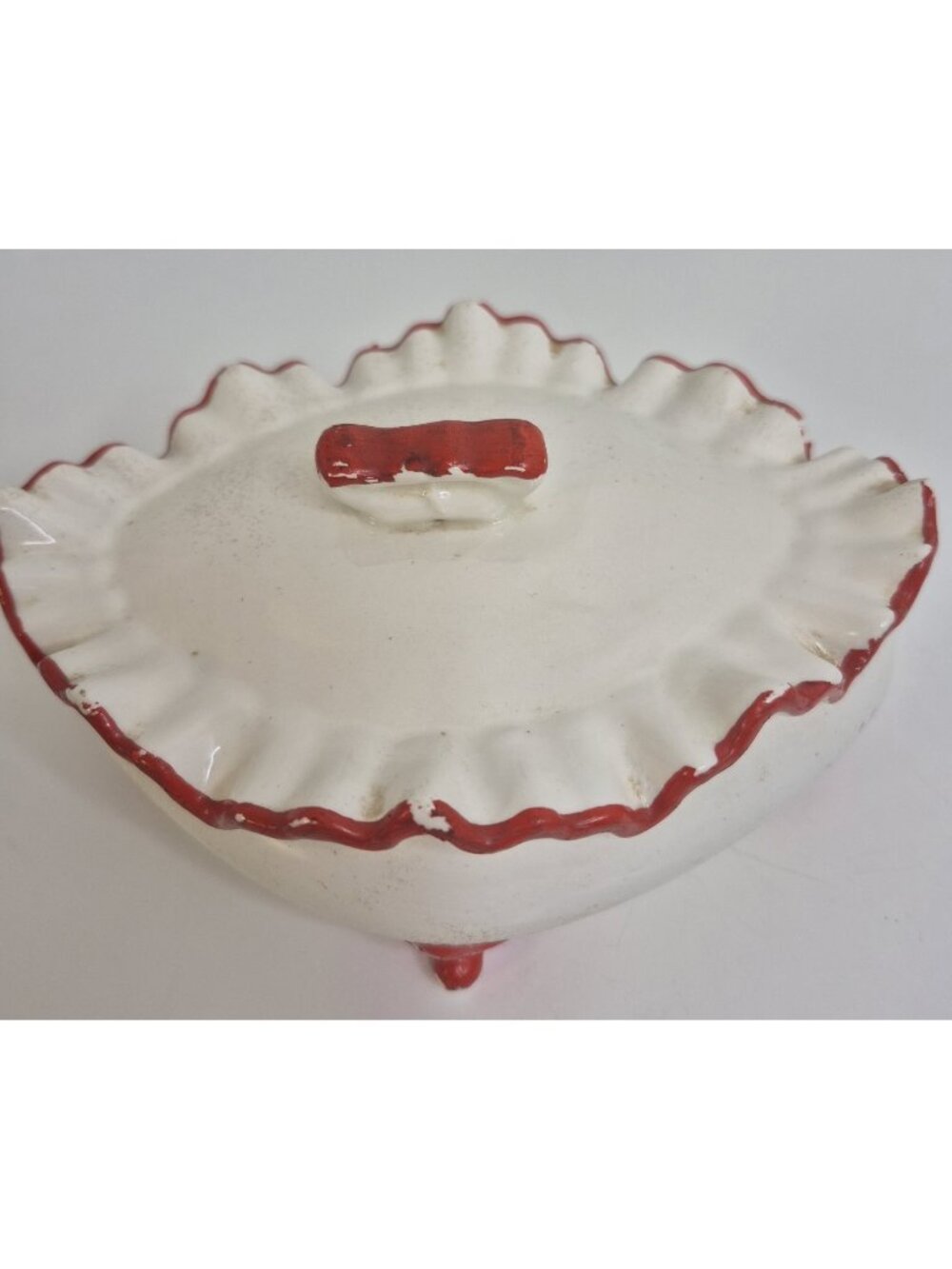 Vintage White And Red Ruffle Top Ceramic Footed Trinket Box